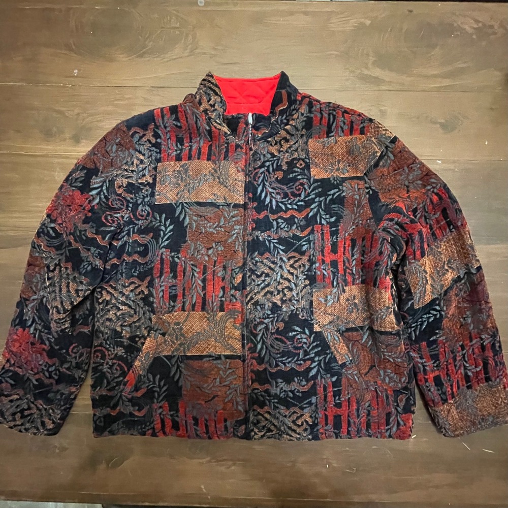 Chico's Reversible Quilted Tapestry Jacket Red Black Jacquard Size 2 Large